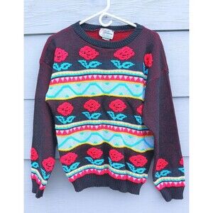 Vintage 80's Acrylic sweater, Distinctive Sportswear, size L, Roses Cottage core